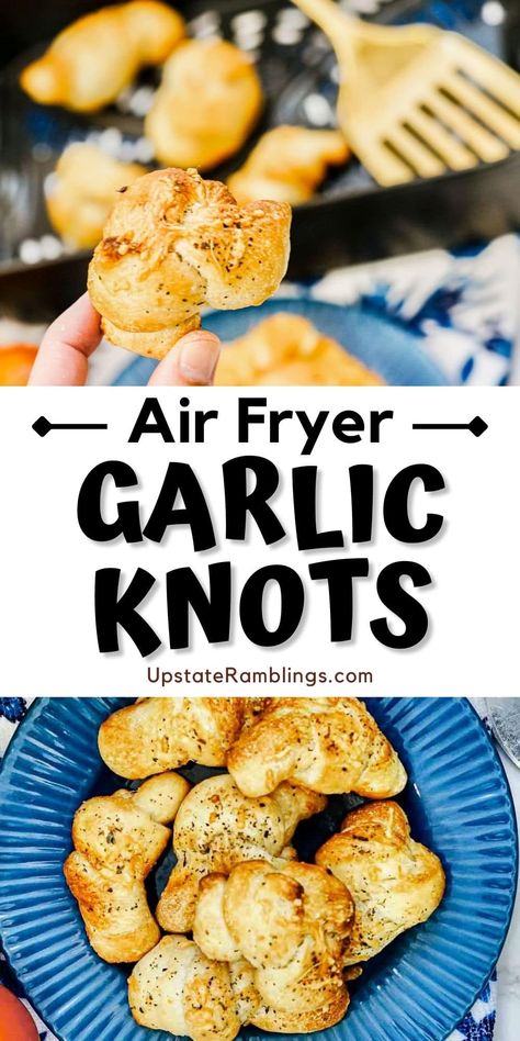 Air Fry Garlic Knots, Garlic Knots In Air Fryer, Air Fryer Garlic Knots, Easy Garlic Knots, Garlic Parmesan Knots, Recipe For Air Fryer, Air Fryer Garlic, Garlic Knots Recipe, Garlic Rolls