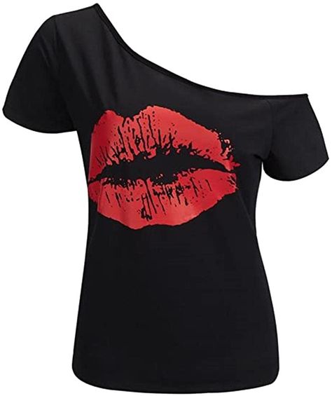 PRICES MAY VARY. Mixed fabric: 95% Cotton 5% Spandex Feature: Sexy Lips Print Design, Short Sleeve, One Off Shoulder, Simple, chic and delightful top for summer Recommended With Cold Water / Do Not Bleach / Hang Or Line Dry Great to Wear For Daily ,Work,Vacation ,For Women and Juniors Please follow our Size Measurement of Description before ordering,Thanks!   Size Chart:     S=Bust: 90 cm/35.43"-----Length: 61cm/24.01"    M=Bust: 94 cm/37.00"-----Length: 62cm/24.40"     L=Bust: 98 cm/38.58"----- Off The Shoulder Plus Size, Slouchy Shirt, Summer Pullover, Crop Top With Jeans, Lips Print, Plus Size T Shirt, Top For Summer, Simple Chic, Shoulder Shirts