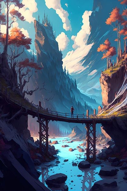 Photo wooden bridge in the fantasy land | Premium Photo #Freepik #photo #fantasy-landscape #nature-landscape #mountain-background #mountain-sunset Bridge Concept Art, Fantasy Bridge, Artbook Ideas, Mountain Bridge, Background Mountain, Bridge Artwork, Mountain Background, Fantasy Land, Landscape Mountain