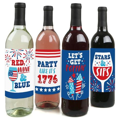 Big Dot of Happiness Firecracker 4th of July - Red, White and Royal Blue Party Decorations for Women and Men - Wine Bottle Label Stickers - Set of 4 | Michaels Custom Wine Bottle Labels, Patriotic Decorations Party, Blue Wine Bottles, Custom Wine Bottles, Blue Party Decorations, Wine Bottle Stickers, Wine Bottle Label, Wine Stickers, Independence Day Decoration