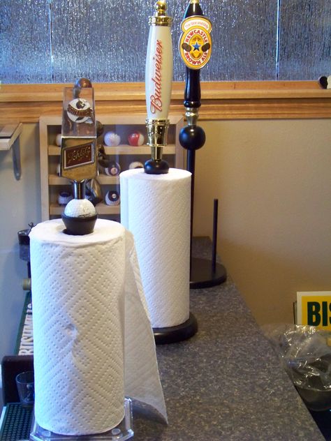 Beer tap paper towel holders. Diy Beer Tap, Beer Tap Display, Beer Tap Handles Display, Tap Handle Display, Modern Lofts, Bar Tap, Tiki Bars, Car Part Furniture, Automotive Furniture