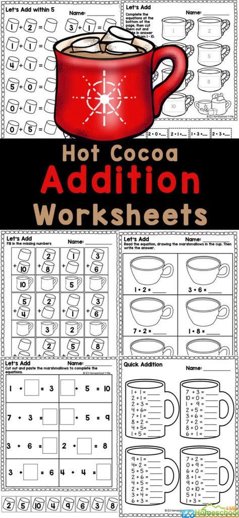 Make practicing adding fun for preschool, pre-k, and k5 kids with these free printable math addition worksheets for kindergarten. These addition worksheets for kindergarten allow children to work on their addition skills within 10. The fun, playful winter math for kindergartners addition activity is perfect for keeping kids engaged and eager to learn in December, January, and February! Winter Addition Kindergarten, Math For Kindergarten Worksheets Free Printable, Christmas Addition Kindergarten, Winter Addition Worksheets, Christmas Math Worksheets Kindergarten, January Worksheets, January Kindergarten Worksheets, Addition Up To 20, Cocoa Marshmallow