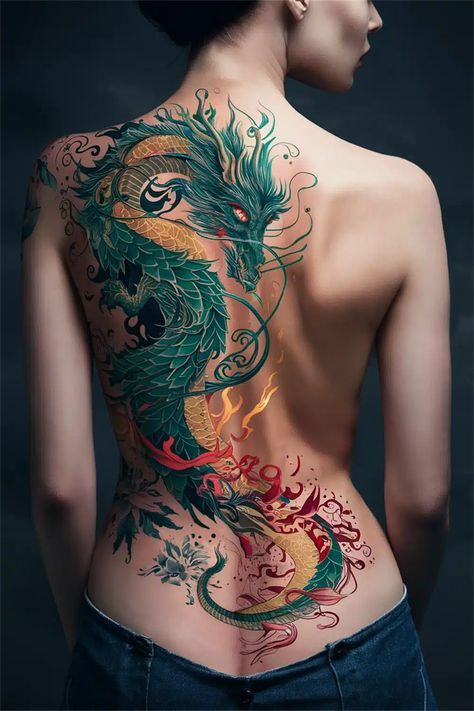 Full Back Piece Tattoos For Women Design, Full Back Dragon Tattoo For Women, Back Roll Tattoo, Dragon Spine Tattoos For Women, Spine Tattoo Designs For Women, Half Back Tattoo, Spine Tattoo Designs, Side Tattoos Women, Artsy Tattoos