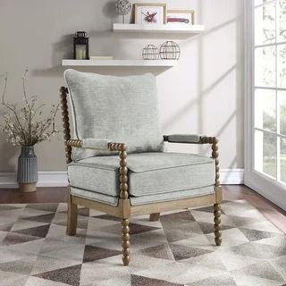 Fletcher Spindle Chair in Fabric with Brushed Charcoal Finish - Bed Bath & Beyond - 33061261 Spindle Chair, Striped Chair, Printed Chair, Upholstered Accent Chairs, Grey Upholstery, Chair Types, Accent Chairs For Living Room, Living Room Style, Living Room Seating