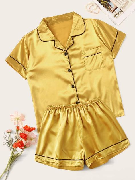 Shein Contrast Binding Button-up Satin Pajama Set Yellow Pajamas, Satin Short Sleeve, Plus Size Satin, Women Pyjamas, Satin Pj Set, Satin Pajama Set, Women Sleepwear, Pajamas For Women, Cute Sleepwear