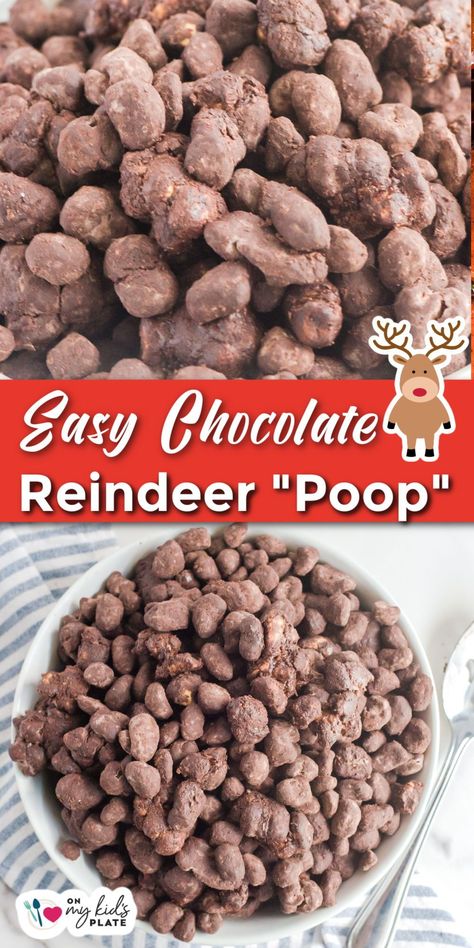 This Reindeer Poop recipe is a hilarious chocolate cereal treat that kids will love making. Surprise them with this delicious Christmas snack. Cereal Snack Mix Recipes Kids, Reindeer Food Ingredients, Christmas Poop Ideas, Christmas Chow Mix Reindeer Food, Moose Poop Recipe, Reindeer Poop Recipe, Reindeer Crunch, Reindeer Feed Recipe, Chocolate Cereal Treats