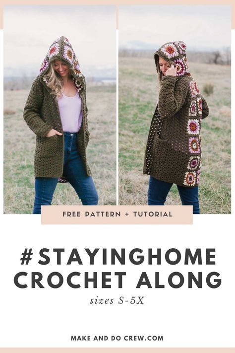 Join our April crochet along and make a Revival Cardigan while you're staying home! This free crochet granny square cardigan pattern plays on the classics with new modern details. Understated and show stopping at the same time! This seamless crochet jacket pattern with pockets is a great way to learn new skills. Free pattern with detailed tutorials. Sizes S-5X (plus sizes).    #makeanddocrew #grannysquaresweater #crochetgrannysquare Crochet Granny Square Cardigan Pattern, Square Cardigan Pattern, Granny Square Cardigan Pattern, Free Crochet Granny Square, Crochet Granny Square Cardigan, Granny Square Cardigan, Crochet Jacket Pattern, Granny Square Sweater, Square Cardigan