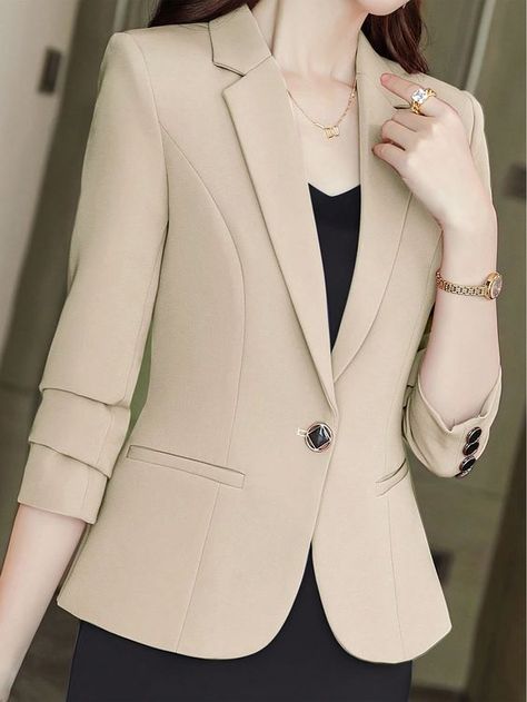 Women's Solid Color Simple Daily Long Sleeve Blazer Jacket Apricot Elegant  Long Sleeve Woven Fabric Plain Regular Non-Stretch  Women Clothing, size features are:Bust: ,Length: ,Sleeve Length: Blezars For Women Outfit, Formal Jackets For Women, High Collar Shirts, Trendy Blazers, Girls Attire, Corporate Uniforms, Stylish Blazer, Ladies Blazer, Chic Blazer