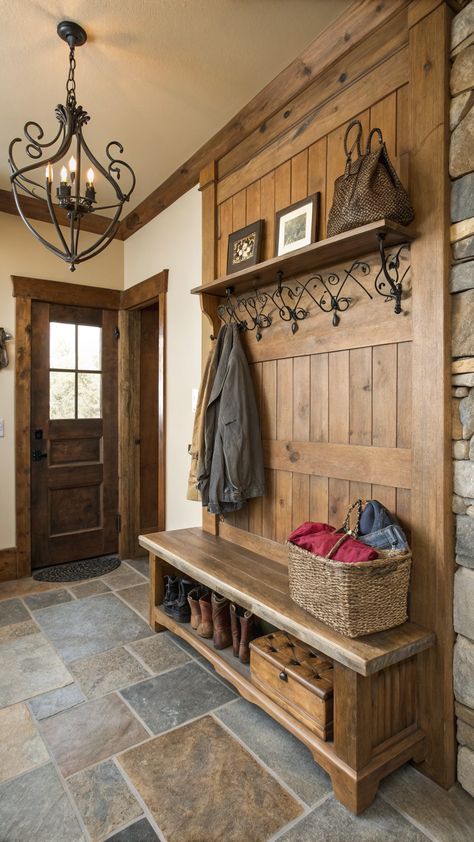 Tiny Apartment Entryway Rustic Home Entrance, Rustic Mudroom Ideas, Cabin Entryway Ideas, Rustic Mudroom, Front Door Entryway Ideas, Cabin Entryway, Apartment Entryway Ideas, Mudroom Entryway Ideas, Home Entryway Ideas