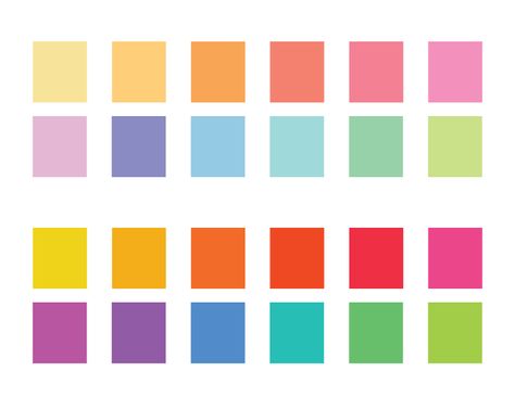 12 color palette in vibrant rainbow colors and coordinating pastel version of the same set. Great reference for illustration or graphic design projects. #colorpalette #color #palette #design #graphicdesign #pastel #rainbow #colorset #reference 12 Color Rainbow Palette, Bright And Pastel Colour Palette, 12 Colour Palette, Rainbow Color Palette Pastel, Pastel Rainbow Colour Palette, Multi Color Palette, Color Palette 12 Colors, Rainbow Pastel Color Palette, Neon Pastel Color Palette