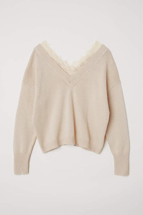 H&M Lace-trimmed Sweater Lace Trim Sweater, H M Outfits, Beige Pullover, Fine Knit Sweater, Beige Sweater, Mode Inspiration, Dream Clothes, Outfits Casuales, Cute Casual Outfits