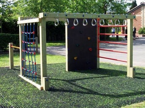 Play structure for older kids (into to backyard ninja warrior). #playgroundbackyard Backyard Fun For Kids, Backyard Playground Ideas, Play Structures For Kids, Outdoor Kids Play Area, Ninja Course, Backyard Obstacle Course, Backyard Gym, Outdoor Play Structures, Kids Backyard Playground