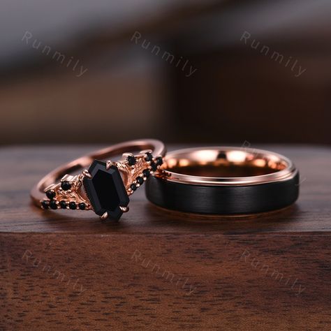 Here we have a Vintage Hexagon Black Onyx Couples Ring Rose Gold Wedding Ring Set His and Hers Wedding Band Mens Black Gold Ring Unique Women Promise Ring ITEM DESCRIPTION ✦ Handmade, high-quality item! ✦ Material: Sterling Silver/Tungsten ►Sold as a two-piece set ►His ring is Rose Gold Tungsten Carbide. ►His band width: 6mm ►His tungsten ring will not turn green itself and will not cause your skin to turn green.  ✦ Durable - Incredibly Scratch-Resistant to always look great. ✦ Comfort-fit & Wei Rose Gold Wedding Ring Set, Rose Gold Wedding Ring Sets, Wedding Rings Sets His And Hers, Gold Wedding Ring Set, Gold Ring Unique, Rose Gold Wedding Ring, Couples Ring, Rose Gold Tungsten, Black Gold Ring