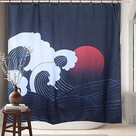 Amazon.com: SPANKER SPACE Artistic Navy Blue Japanese Asian The Great Wave Off Kanagawa Anime Painting Shower Curtain Decor Waterproof Fabric Bath Curtain for Bathroom Accessories 72 x 72 inches with Hooks : Everything Else Boys Shower Curtain, Japanese Shower, Mermaid Shower Curtain, Bath Shower Curtain, Anime Painting, Painting Shower, Cool Shower Curtains, Bathroom Accessories Set, The Great Wave