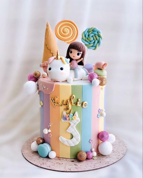 Unicorn Candy Cake, Unicorn Barbie Cake, Unicorn Theme Cake, Modern Birthday Cakes, Fairy Birthday Cake, 1st Bday Cake, Candy Theme Birthday Party, Pig Birthday Cakes, Butterfly Birthday Cakes