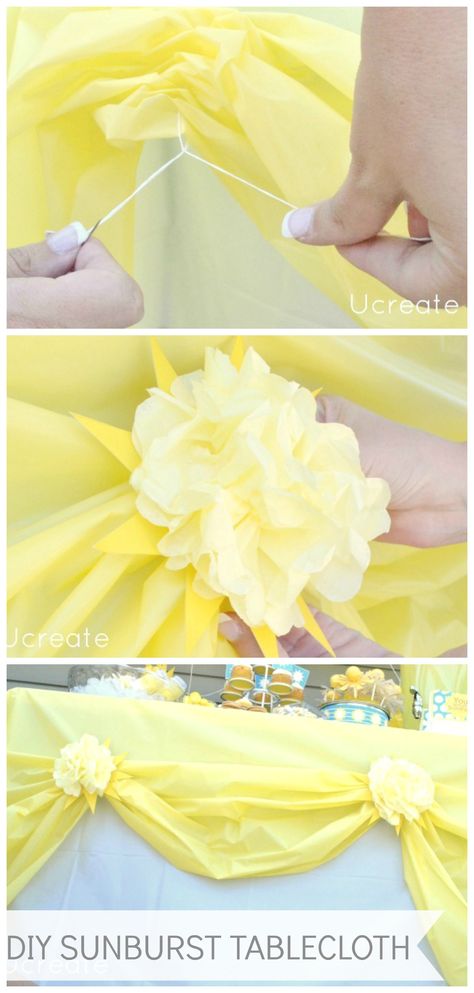 Plastic Tablecloth Decorations, Tablecloth Decorations, Pom Pom Tutorial, Sunshine Birthday Parties, Sunshine Party, Table Cloth Decorations, Yellow Birthday, Sunshine Birthday, Ocean Party