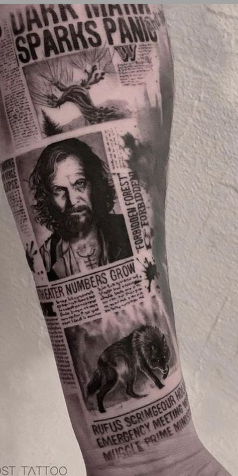 Harry Potter Newspaper, Harry Potter Tattoo Sleeve, Arm Cover Up Tattoos, Harry Tattoos, Zeus Tattoo, Hp Tattoo, Egyptian Tattoo Sleeve, Hyper Realistic Tattoo, Marvel Tattoos