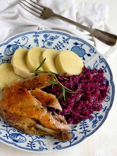 Czech-style roast duck with braised red cabbage and potato dumplings. Roast Duck Recipes, New Years Food, Roasted Duck Recipes, Braised Red Cabbage, Roasted Duck, Cabbage And Potatoes, Food Advice, Potato Dumplings, Roast Duck