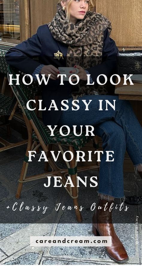 Unlock the secrets to how to look classy in jeans through our blog post. From elegant jeans outfit classy examples to chic style inspirations, we have it all! Perfect for jeans outfit women who want a trendy makeover. Learn how to style jeans for a polished and stylish look. Reinvent jeans dressed up into elegant outfits with jeans - infusing style, elegance, and femininity. Achieve a stylish, cute appearance with our step-by-step guide. Denim Business Casual Outfits, Women Denim Outfits Fashion Ideas, Bootcut Jeans Office Outfit, Elegant Jeans Outfit Classy Chic, How To Accessorise An Outfit, Wearing Jeans To Work, Denim On Denim Winter Outfit, Light Denim Flare Jeans Outfit, Winter Jeans Outfit Women