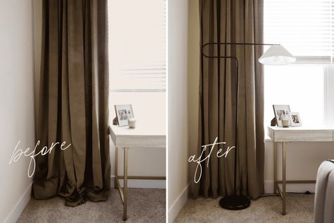 Curtains On Floor, Making Curtains Look Expensive, How Long Curtains Should Be, How To Make Curtains Look Fuller, Velvet Living Room Curtains, Living Room No Curtains, Curtains No Blinds, Expensive Looking Curtains, Curtain One Side Of Window