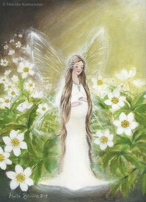 Marita Katariina - Expecting. A heavily pregnant fairy stands in a sun beam amidst some white flowers. Watercolour and acrylic white painting. Fantasy flower fairy art. Pregnant Fairy Art, Angels And Flowers, Fairy Acrylic Painting, Pregnant Fairy, Jasmine Fairy, Flower Fairy Art, Pregnant Art, Sun Fairy, Heavily Pregnant