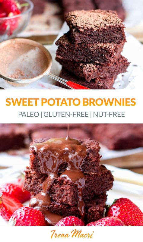 Sweet Potato Chocolate Brownies (Chocolate, Paleo, Gluten-free). These are nut-free as well These super moist and rich sweet potato brownies taste delicious and make for a perfect healthy treat. They are paleo-friendly, gluten-free, grain-free and dairy-free. They are perfect as a healthy Christmas or Thanksgiving treat or to bring to a birthday party or any other gathering. #chocolate #brownies #paleo Sweet Potato Chocolate, Potato Brownies, Gluten Free Sweet Potato, Orange Sweet Potatoes, Brownies Chocolate, Sweet Potato Brownies, Sugar Free Sweets, Healthy Nuts, Brownie Ingredients