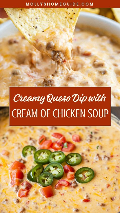 Indulge in the ultimate comfort food with our creamy queso dip made with a twist of cream of chicken soup. This rich and cheesy dip is perfect for game nights, movie marathons, or any gathering. The velvety texture and savory flavors will have everyone coming back for more. Easy to make and even easier to enjoy, this queso dip is guaranteed to be a crowd favorite at your next get-together. Low Carb Queso, Chicken Queso Dip, Creamy Queso Dip, Cream Cheese Soup, Chicken Queso, Queso Chicken, Creamy Pasta Bake, Cheesy Dip, Cheese Dip Recipes