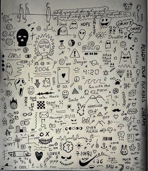 Easy drawings Doodle Collage Drawings, Weirdcore Doodles, Drawing Ideas Easy Doodles Art Journals, Sketch Notes Doodles, Sparkly Iphone Wallpaper, Easy Graffiti, Easy Graffiti Drawings, American Traditional Tattoo Ideas, Kad Nama