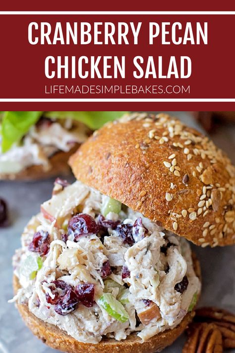 Sweet cranberries, toasted pecans, dijon mustard, and greek yogurt are the secret ingredients that make this chicken salad a fall favorite! Its perfect for special occasions, lunch, or even dinner! #chickensalad #homemadechickensalad #deliciouschickensalad Cranberry Pecan Chicken Salad, Deli Salads, Weekday Lunches, Cranberry Chicken Salad, Chicken Salad With Apples, Pecan Chicken Salads, Delicious Chicken Salad, Leftover Rotisserie, Cranberry Chicken