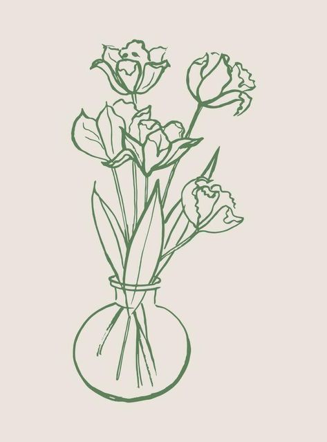 Flowers. Still life with tulips in a glass vase. Line art. Hand drawn in ink a freestyle. Artistic illustration. For poster, card, greetings, birthday, flower shop, print, template, background. Vector Flower Vase Drawing, Template Background, Hand Doodles, Card Greetings, Birthday Flower, Tulips In Vase, Line Illustration, Art Hand, Doodle Drawings