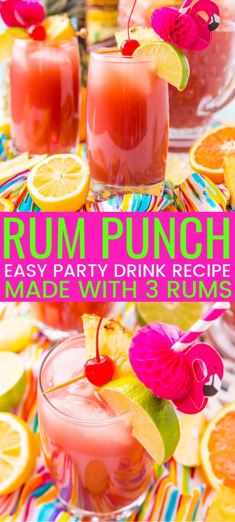 Rum Punch combines orange, pineapple, lime, and lemon juice with ginger ale and three different kinds of rum for a delicious large batch Caribbean inspired cocktail for summer parties! Juice With Ginger, Easy Party Drinks, Lime And Lemon, Rum Punch Recipes, Mezcal Cocktails, Party Drinks Alcohol, Batch Cocktails, Punch Drinks, Party Punch