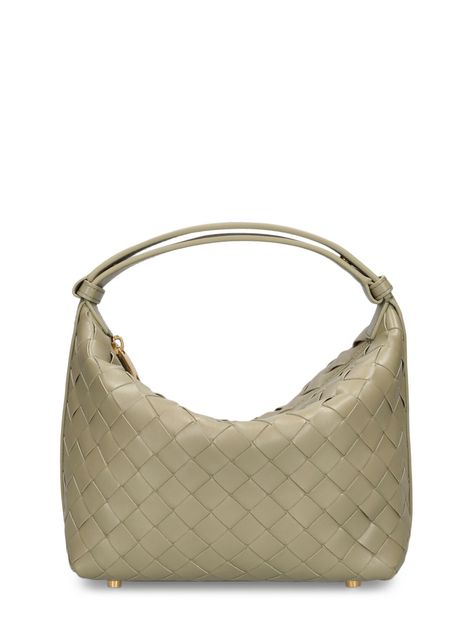 Find BOTTEGA VENETA Mini Wallace Leather Shoulder Bag on Editorialist. The Bottega Veneta Mini Wallace Leather Shoulder Bag features a top zip closure, one main compartment, and an adjustable strap with a snap button. The bag measures 13cm in height, 20cm in width, and 9.5cm in depth. The minimum strap drop is 3cm, and the maximum strap drop is 11cm. The bag is lined. Bottega Veneta Shoulder Bag, Ski Accessories, Original Bags, Orange Bag, Green Leather, White Bag, Handmade Bags, Leather Top, Watch Brands