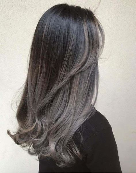 Black To Milk Tea Hair, Ash Brown And Black Hair, Black Balayage Hair Ash, Balayage Hair Color Ideas For Black Hair, Black With Color Hair, Balayage Hair For Black Hair, Black Ash Hair, Korean Balayage Hair, Ash Brown Balayage On Black Hair