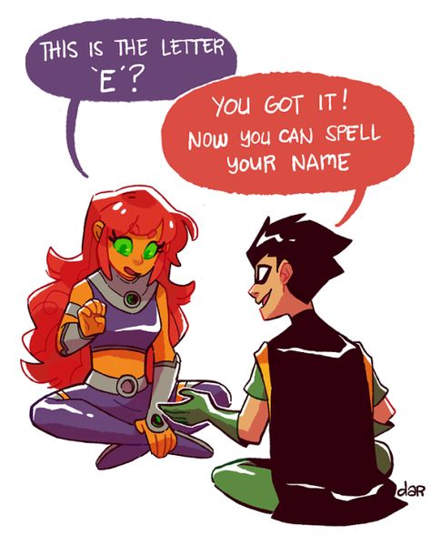 by @dar-draws on tumblr Robin Starfire, Teen Titans Love, Teen Titans Robin, Teen Titans Starfire, Nightwing And Starfire, Original Teen Titans, Teen Titans Fanart, Hand Gestures, Teen Titan