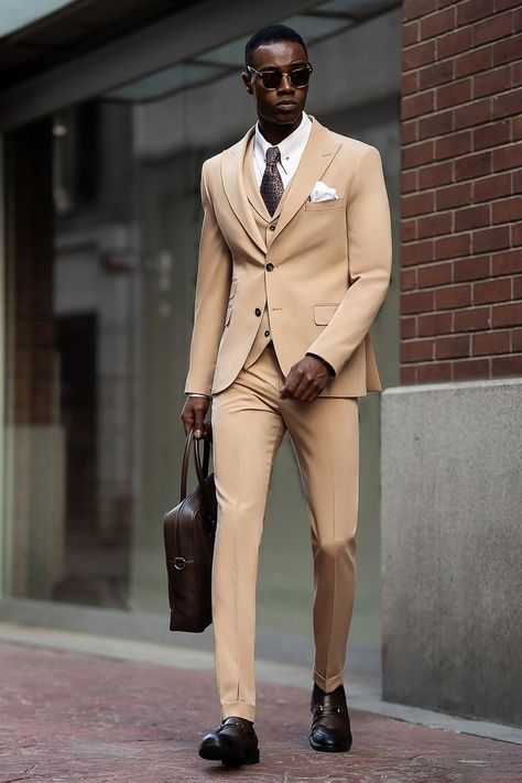 A touch of warmth in every detail. This camel slim-fit suit is crafted to offer a sophisticated style with a unique color that sets you apart. Perfect for the man who wants to make a refined statement without being over the top.  #camelsuit #slimfitsuit #elegantstyle #warmtones #modernformalwear #uniqueformalwear #mensfashion #suitstyle #timelesslook #refinedsuit Camel Suit Mens, Men Attire, Bow Tie Suit, Modern Fit Suit, Suit Styles, Suit Stores, Suit Combinations, Vest And Pants, Slim Fit Suit Men