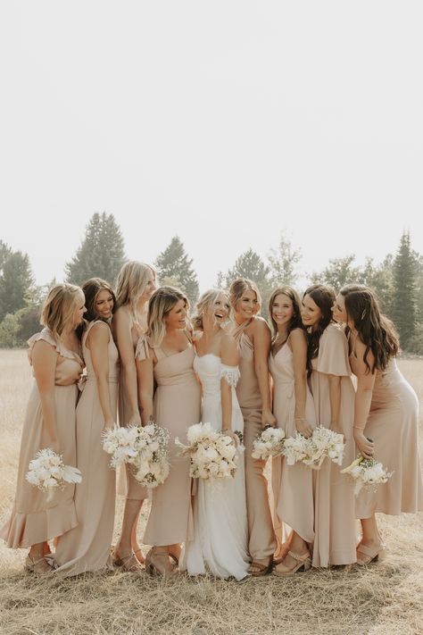 Neutral Wedding Party Color Schemes, Tan Bridesmaids, Wedding Cricut, Beige Wedding Dress, Beige Bridesmaids, Photography List, Taupe Wedding, Bridal Parties Colors, Neutral Bridesmaid Dresses