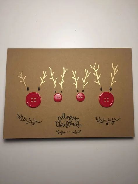 Christmas Card With Buttons, X Mas Cards Diy, X Mas Cards Ideas, Simple Homemade Christmas Cards, Diy Christmas Cards Handmade Ideas, Christmas Card Ideas Simple, Simple Diy Christmas Cards, Simple Handmade Christmas Cards, Carte Noel Diy