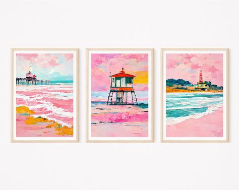 Boho Beach Wall Art Printable Surf Print Set of 3 Pink - Etsy Pink And Blue Wall Art, Apartment Preppy, Bama Dorm, Organisation Bedroom, Beachy Apartment, Boho Beach House, Colorful House, Room 2023, Door Room