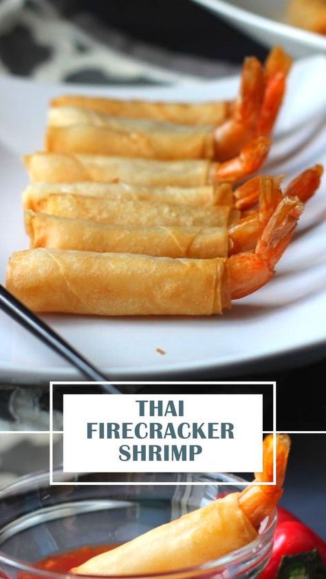 Shrimp Stick Recipes, Thai Firecracker Shrimp, Red Lobster Shrimp Rangoon, Shrimp Wrapped In Egg Roll Wrapper, Crispy Dragon Shrimp, Wonton Wrapped Shrimp, Shrimp In A Blanket, Crispy Shrimp Spring Rolls, Asian Shrimp Appetizers