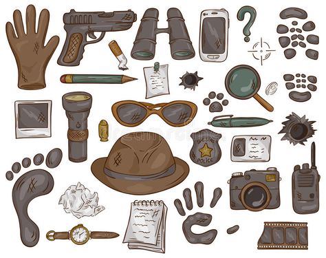 Vector hand drawn set of illustration with detective tools and evidence.  stock illustration Detective Tools, Retro Room Ideas, Detective Party, Outfit Ideas Drawing, Detective Theme, Law School Inspiration, Project Blue Book, Detective Aesthetic, Sketch Inspiration