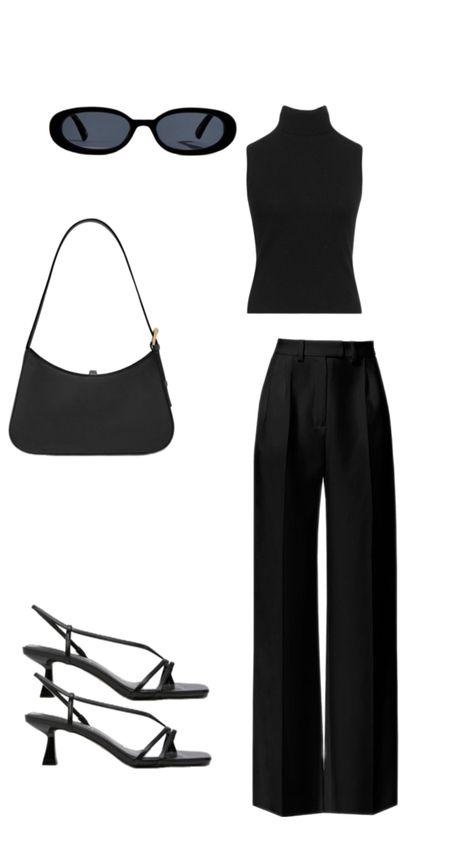 This sleek, all-black ensemble is perfect for an effortlessly chic look. A fitted black sleeveless top is paired with high-waisted, wide-leg trousers for a modern, sophisticated silhouette. Strappy black heeled sandals add a feminine touch, while the minimalist black handbag and trendy oval sunglasses complete the polished vibe. Ideal for a night out or a stylish day event, this outfit is a go-to for minimalist fashion lovers. Black Wide Leg Trousers Outfit, Modern Minimalist Fashion, Wide Leg Trousers Outfit, Black Heeled Sandals, Bar Outfits, Easy Winter Outfit, Black Sleeveless Top, Black Handbag, Spring Outfits Women