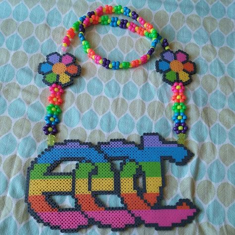 EDC perler necklace all done! this will be my only Rave Perler Necklaces, Rave Necklace Kandi, Edc Perler Bead Patterns, Edc Perler, Rave Perler Ideas, Edm Perler, Rave Perler Pattern, Owl Perler, Perler Necklaces