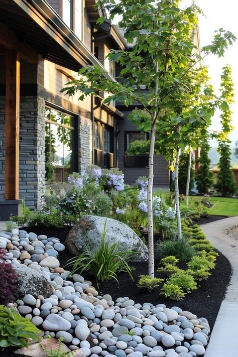 Landscaping L Shaped House, Container Garden On Gravel, Corner Of The House Landscaping Ideas, Sloped Side Yard Landscaping Ideas, Corner Hill Landscaping Ideas, Oregon Front Yard Landscaping, Outside Corner Landscaping Ideas, Landscaping A Corner Lot, City Sidewalk Landscaping