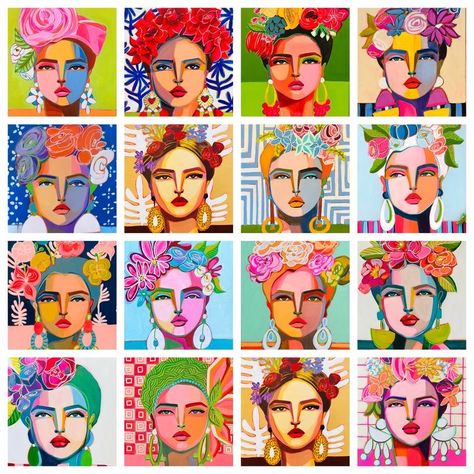 Brittany Atkinson, Women With Flowers, Bold Abstract Art, Naive Painting, Company Design, Artist Models, Paint And Sip, Abstract Faces, Mexican Art