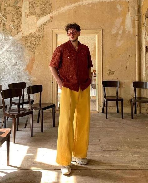 Casual Wedding Looks For Men, Mexican Summer Outfits Men, Formalwear Aesthetic Men, Paris Men’s Fashion, Yellow Dress Pants Outfit, Men Colorful Outfit, Cute Summer Travel Outfits, Colourful Outfits Men, Yellow Outfit Men