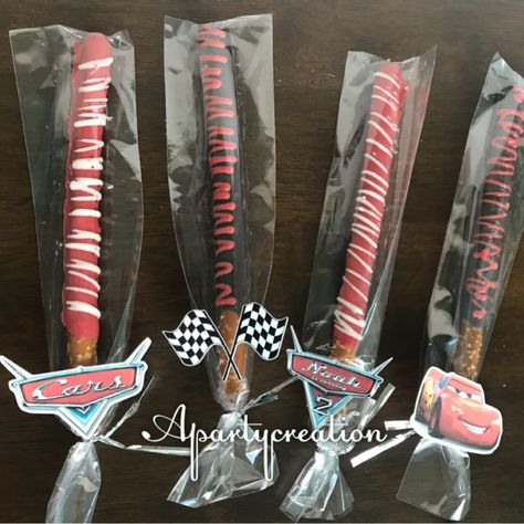 Cars party lightning McQueen pretzel rod treats instagram @ Apartycreation Two Fast Two Furious, Lightning Mcqueen Party, Mcqueen Party, Disney Cars Theme, Auto Party, Pixar Cars Birthday, Cars Birthday Party Decorations, Cars Birthday Cake, Disney Cars Party