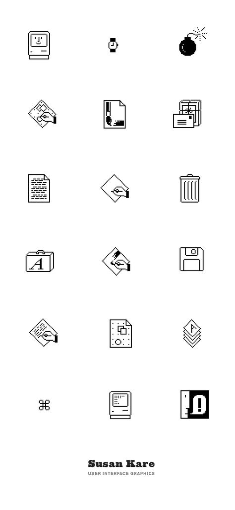 Susan Kare User Interface Graphics. Apple: Macintosh Icons Susan Kare Icons, Susan Kare Design, Susan Kare, Paula Scher, Ui Ux App, Apple Macintosh, Logo Sketches, Apple Icon, Vintage Apple