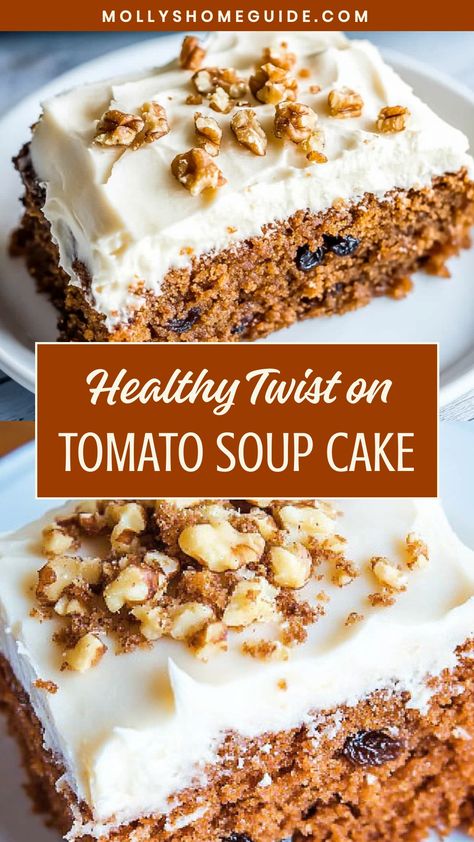 Indulge in a surprising treat with this unique Tomato Soup Cake recipe. This classic cake is moist and flavourful, making it a perfect dessert for any occasion. The combination of tomato soup, cinnamon, and nutmeg creates a deliciously spiced flavor profile that will leave you wanting more. Whether you're looking to impress your friends at a gathering or simply want to try something different, this Tomato Soup Cake is sure to be a hit! Tomato Soup Cake Recipe, Tomato Soup Cake, Tomato Cake, Best Tomato Soup, Cowboy Cakes, Condensed Tomato Soup, Tomato Soup Homemade, Leftover Cake, Tomato Soup Recipes