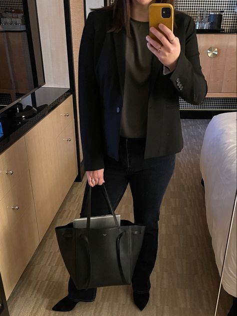 Business casual outfit featuring an @anntaylorstyle black blazer and dark denim, grey top from @nordstrom, Perfect Dress Booties from @SarahFlint_NYC and the #celine Small Cabas Phantom. #businesscasualoutfits #celinebag #blazeroutfit Celine Small Cabas Phantom, Celine Phantom Cabas, Celine Cabas Phantom Tote, Croc Outfits, Celine Cabas, Business Casual Outfit, Dress Booties, Tote Outfit, Style Inspiration Casual