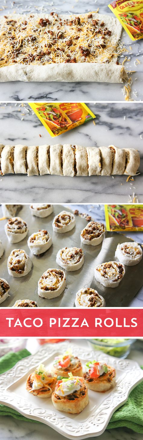 Tacos + Pizza! Two family favorites combine for one amazing meal ready in 30 minutes. Refrigerated pizza dough, ground beef, Old El Paso™ taco seasoning, and shredded cheese get rolled up and baked into tasty handheld bites. Top each with your favorite taco toppings for a fun appetizer or meal. School nights will never be the same. Taco Pizza Rolls, Tacos Pizza, Taco Pizza, Pizza Rolls, Taco Night, Taco Meat, Idee Pasto Sano, Meat And Cheese, Ready Meal